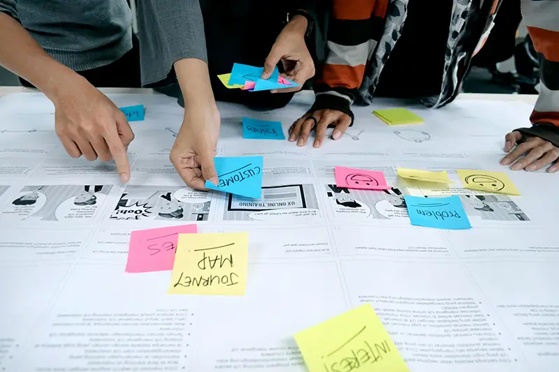 Marketing team working on a strategy with post-it notes