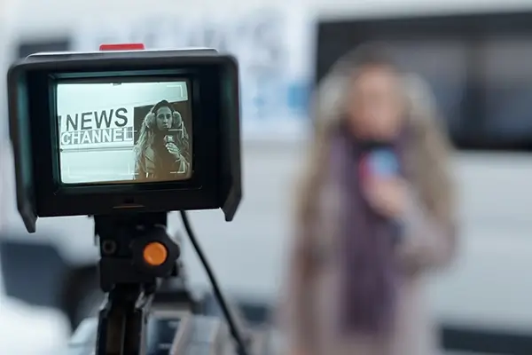journalist-on-screen Back of a caera screen showing a journalist with a mic